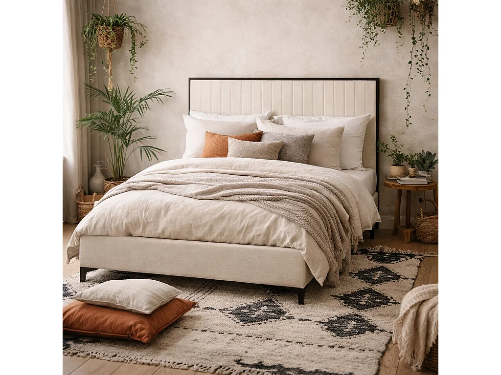 Killarney 5ft King Bed Cream Velvet with Tall Ribbed Headboard and Matt Black Frame