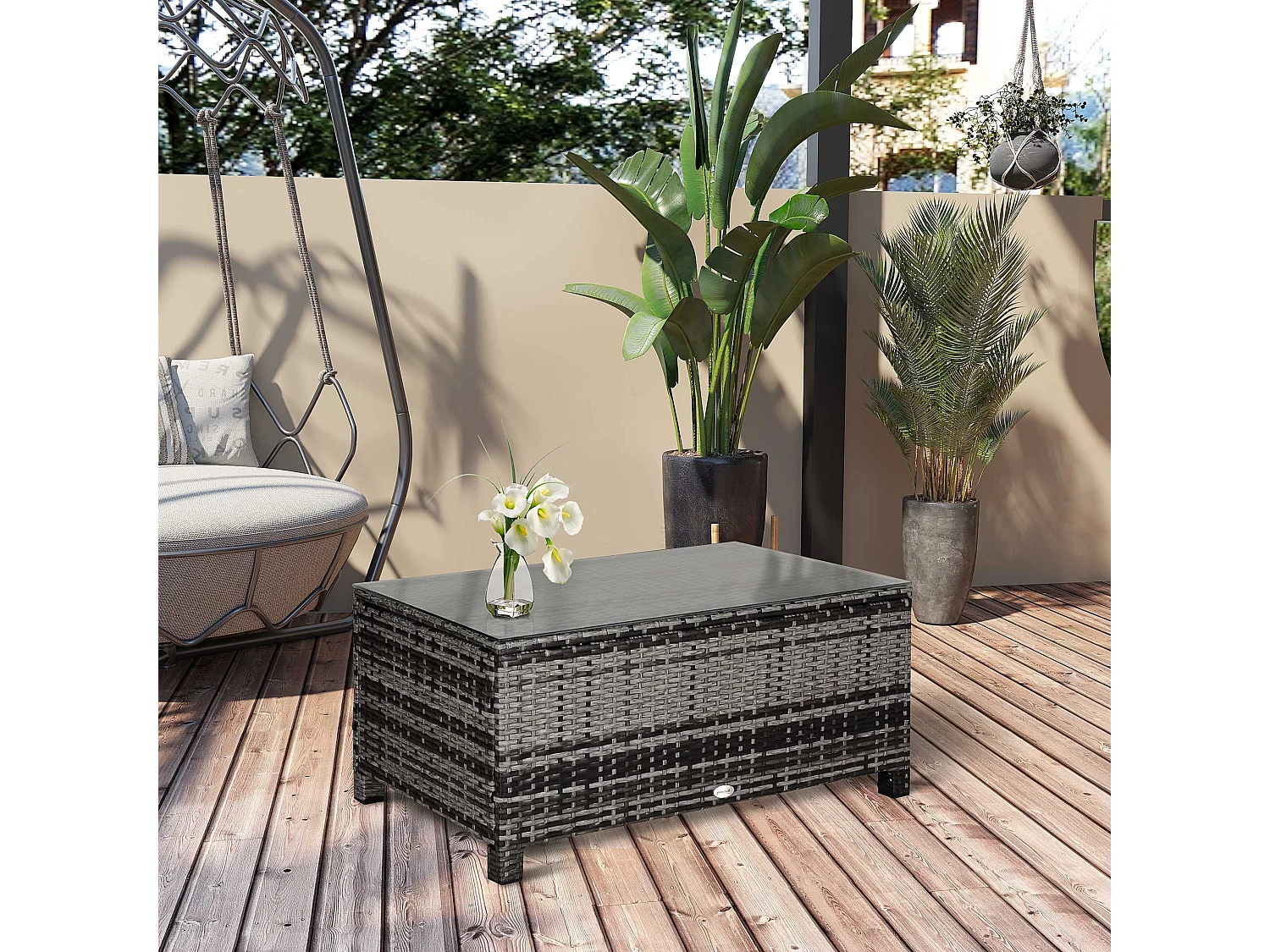 Lolifi Grey Mixed Rattan Outdoor Coffee Table with 5mm Glass Top