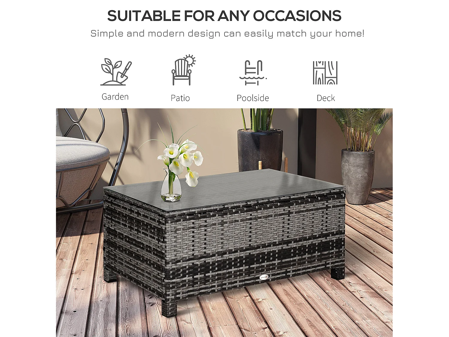 Lolifi Grey Mixed Rattan Outdoor Coffee Table with 5mm Glass Top