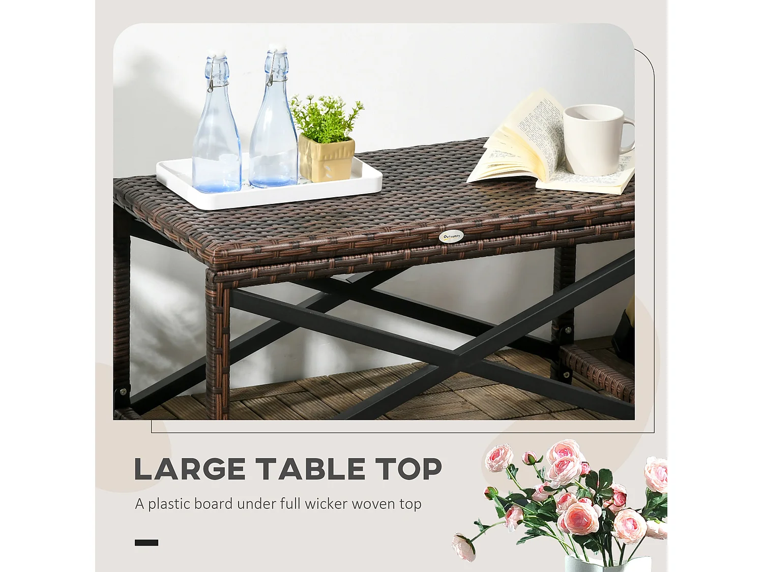 Donori Mixed Brown Rattan Outdoor Coffee Table with X Frame and Woven Top