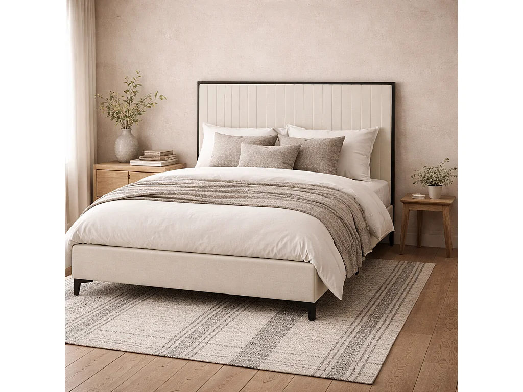 Killarney 6ft Super King Upholstered Bed in Cream Velvet with Black Metal Frame and Tall Ribbed Headboard