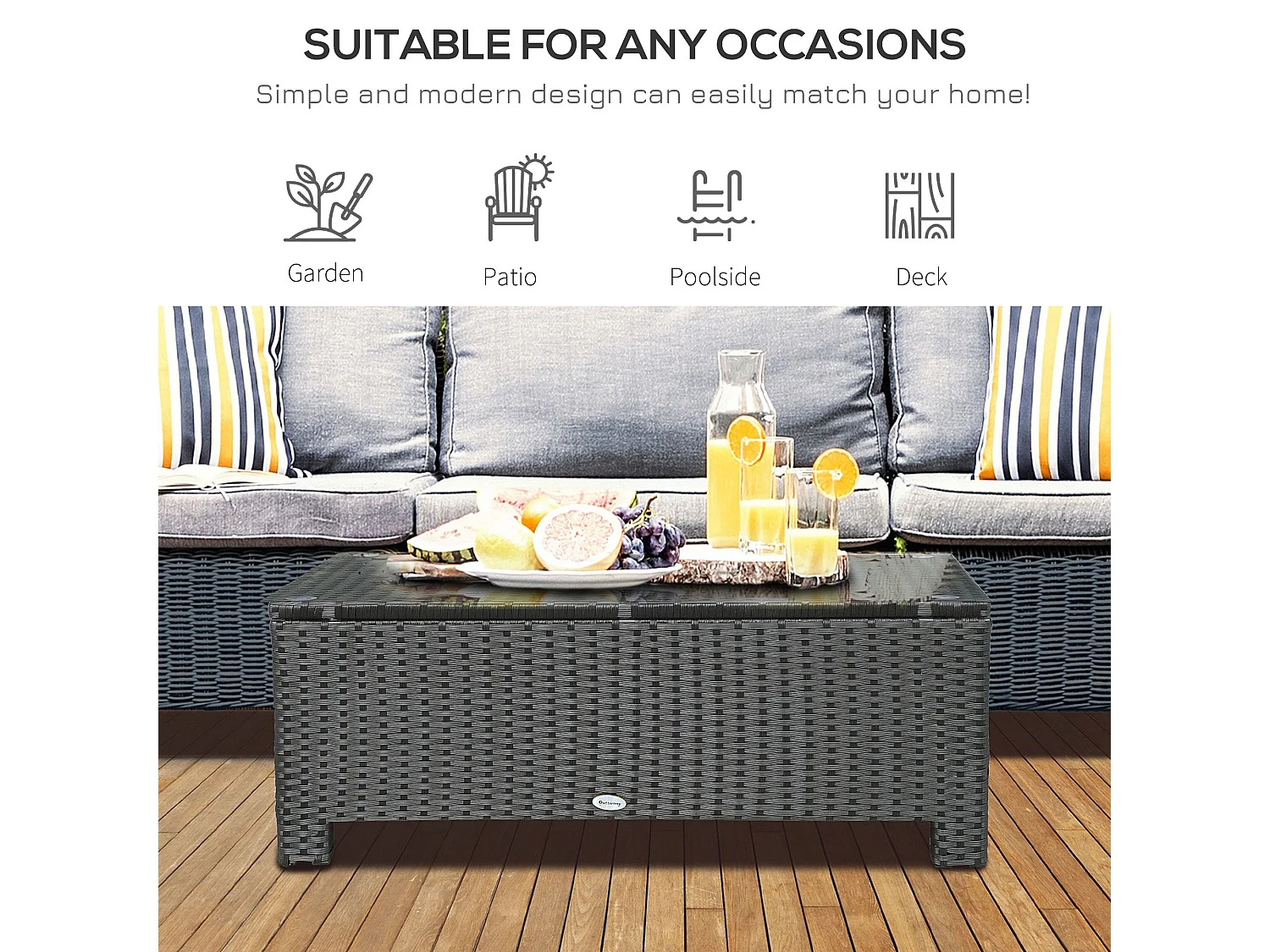 Niyo Black Rattan Rectangular Outdoor Coffee Table with 5mm Tempered Glass Top