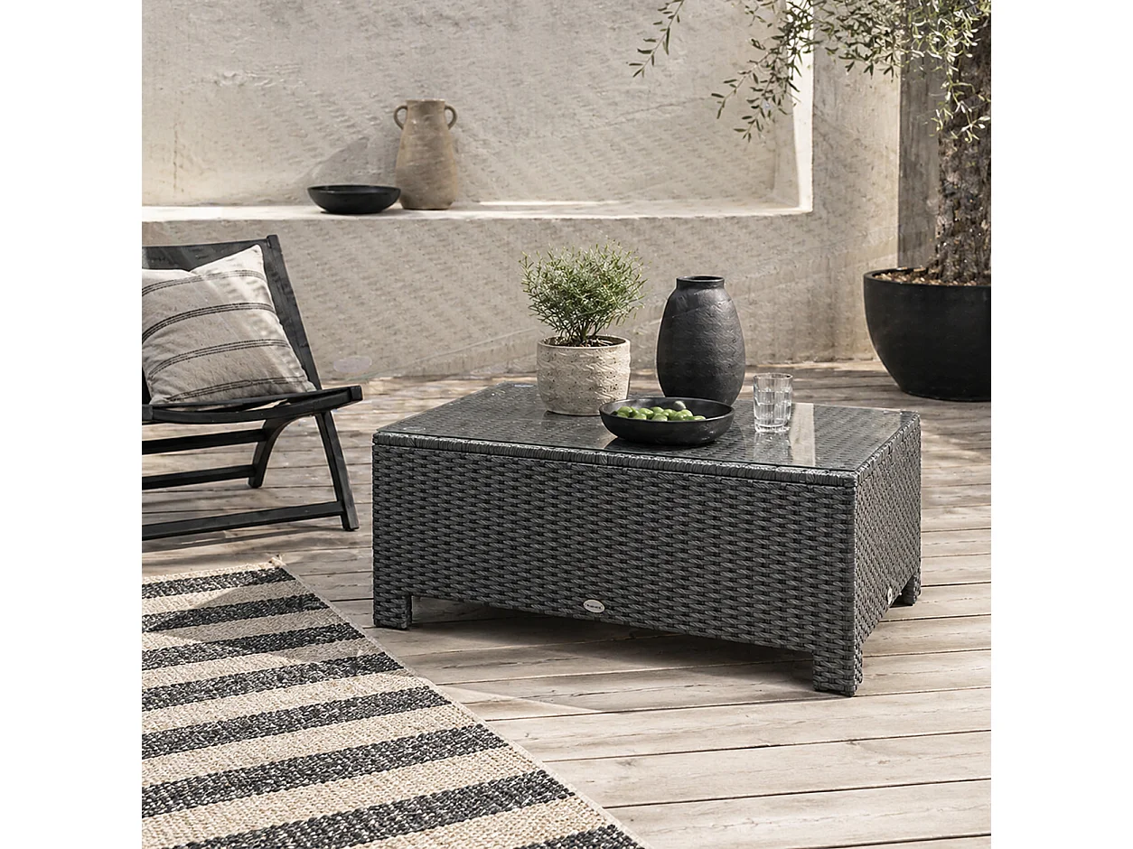 Niyo Black Rattan Rectangular Outdoor Coffee Table with 5mm Tempered Glass Top