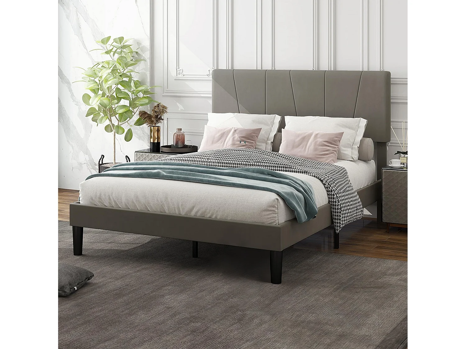 Nare 4FT6 Double Bed Frame Grey Velvet Feel Upholstered Headboard