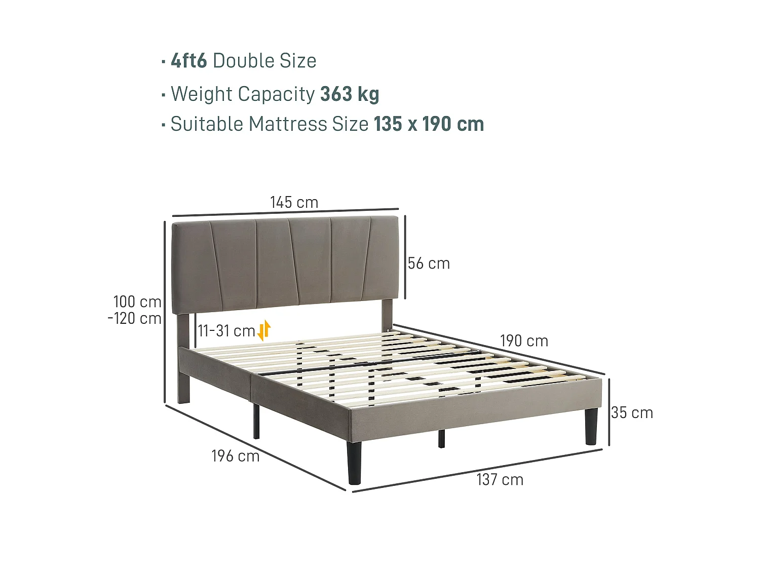 Nare 4FT6 Double Bed Frame Grey Velvet Feel Upholstered Headboard