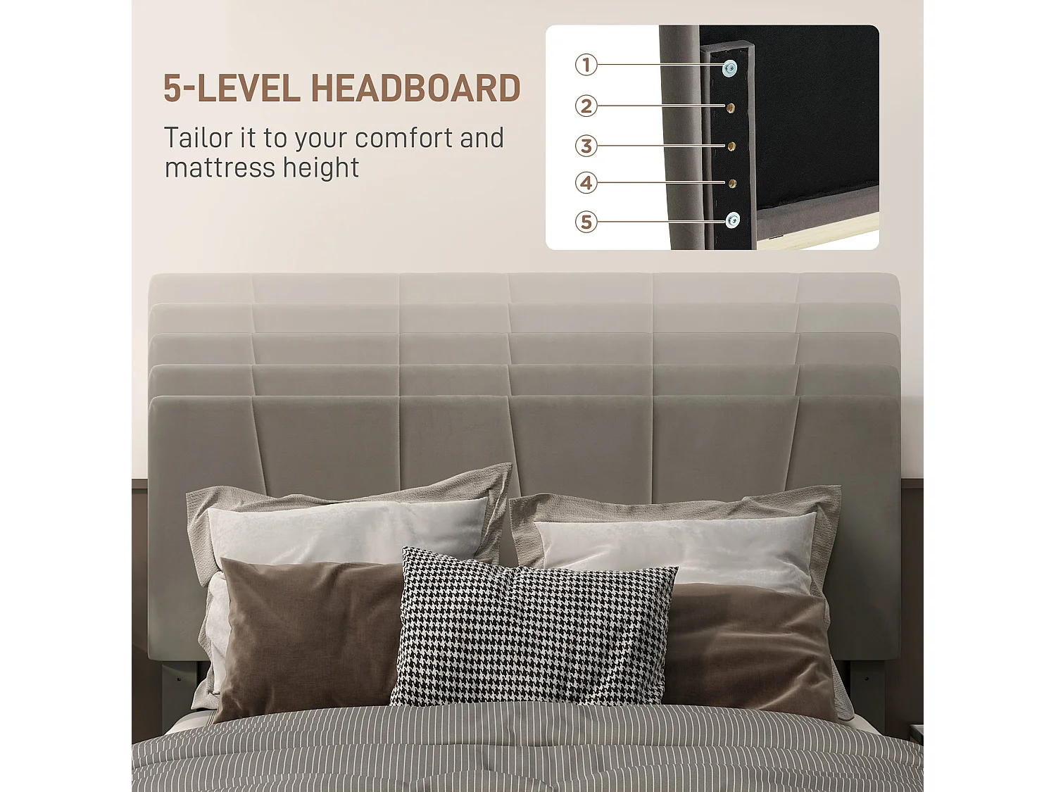 Nare 4FT6 Double Bed Frame Grey Velvet Feel Upholstered Headboard