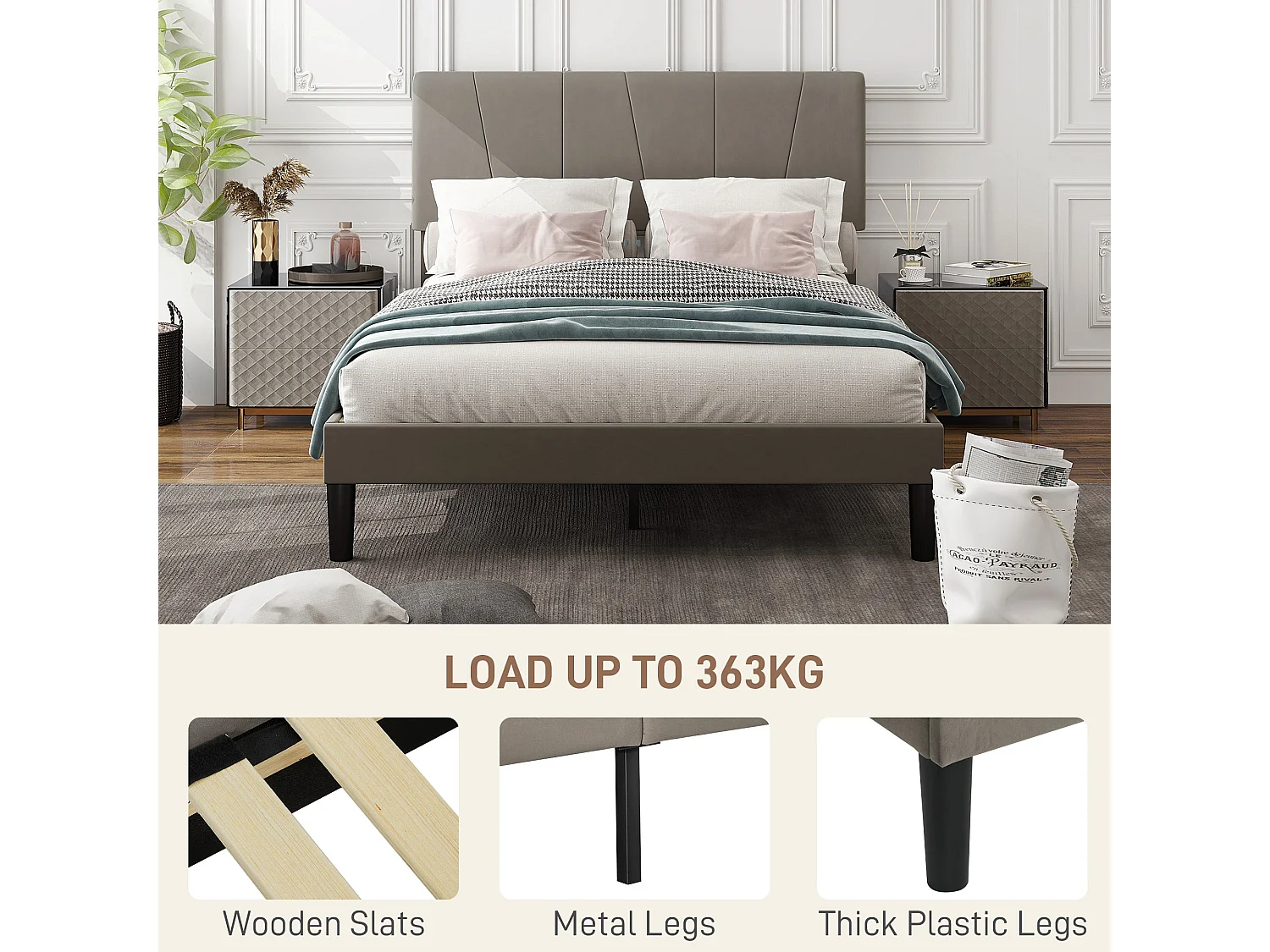 Nare 4FT6 Double Bed Frame Grey Velvet Feel Upholstered Headboard