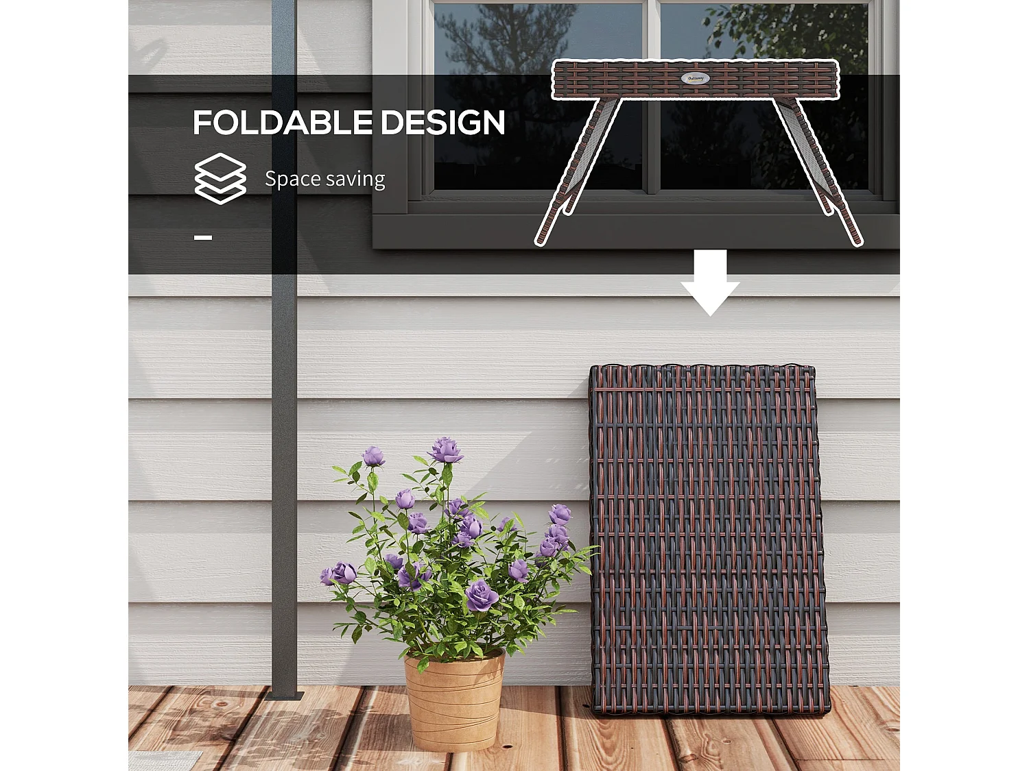 Fihaso 60cm Brown Rattan Style Folding Outdoor Bistro Side Table with Galvanised Steel Frame