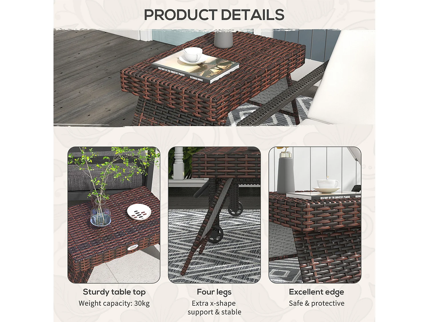 Fihaso 60cm Brown Rattan Style Folding Outdoor Bistro Side Table with Galvanised Steel Frame