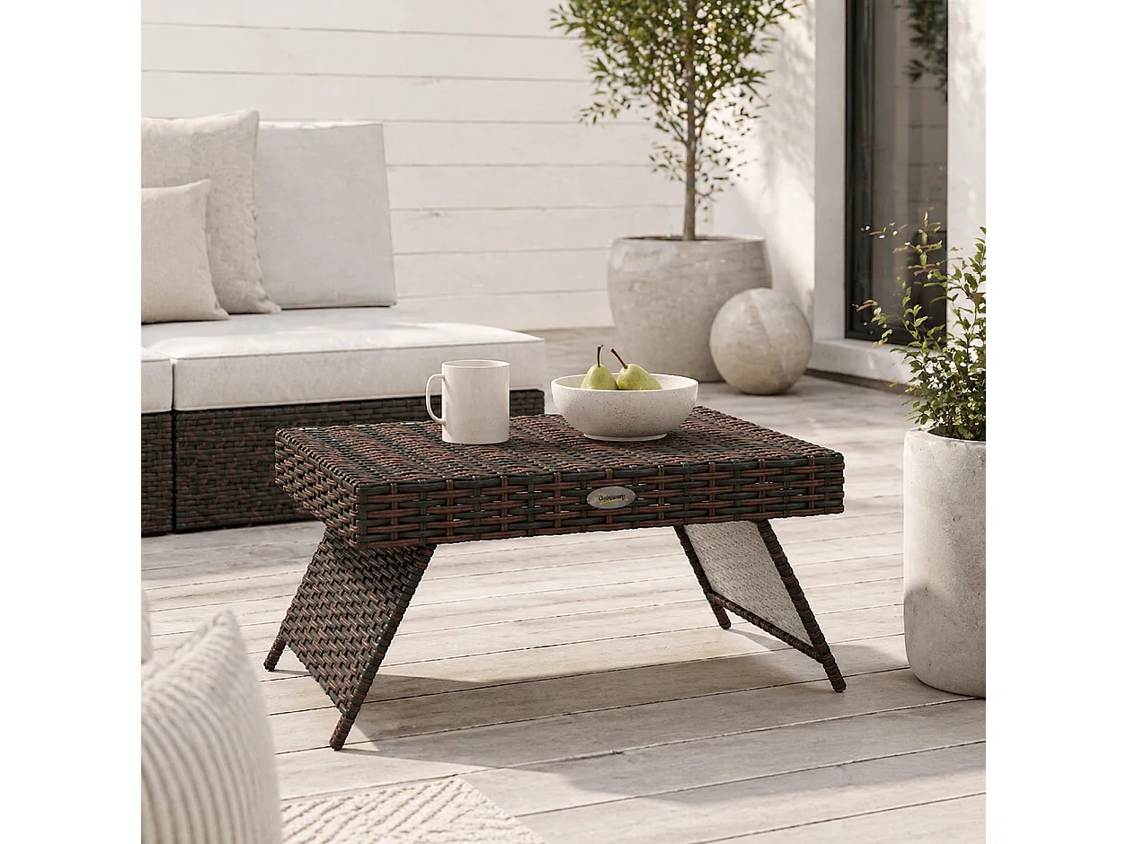 Fihaso 60cm Brown Rattan Style Folding Outdoor Bistro Side Table with Galvanised Steel Frame