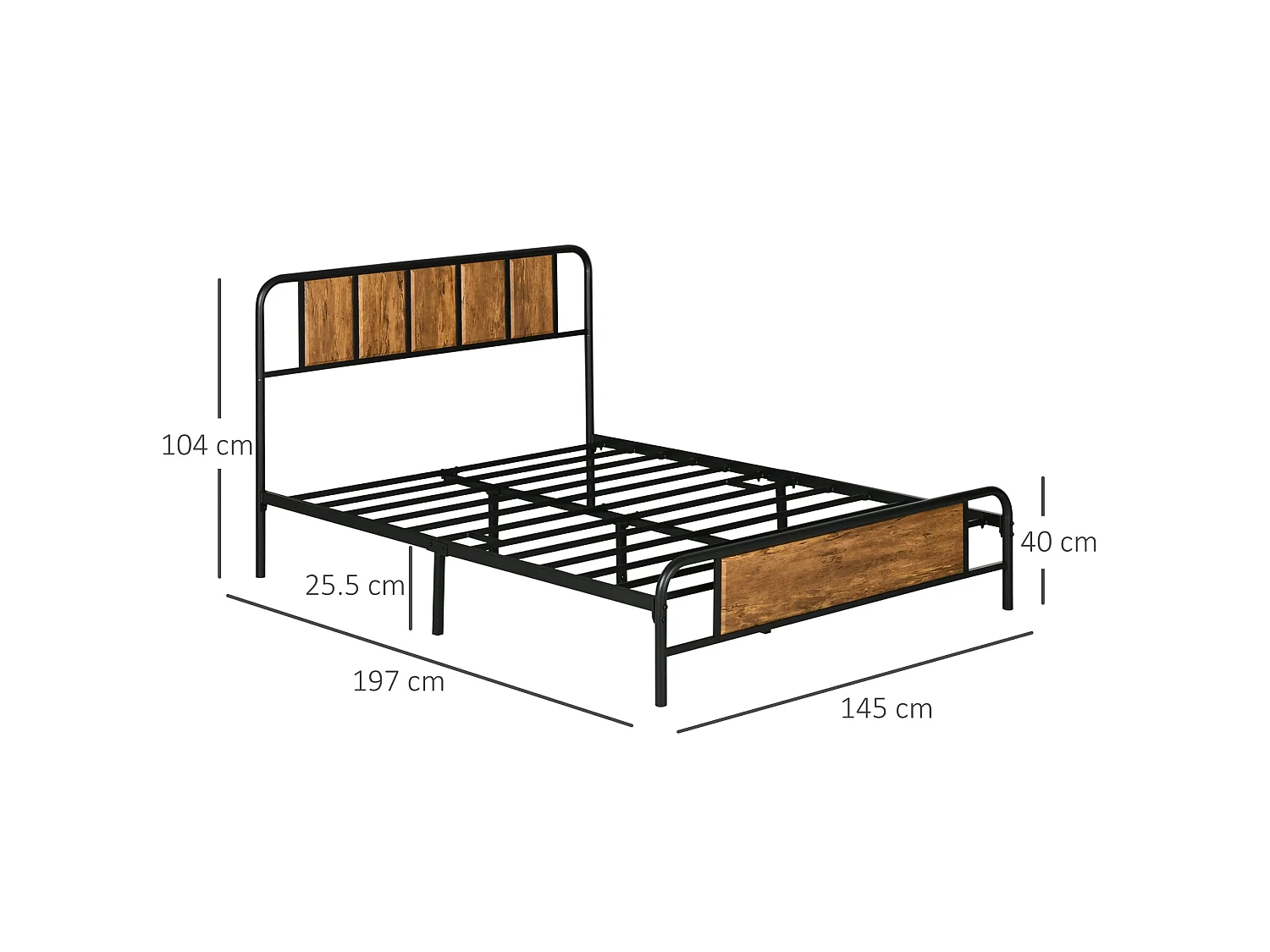 Hawatti 4FT6 Industrial Double Bed Frame Wood Effect Headboard and Footboard Steel Slatted Base