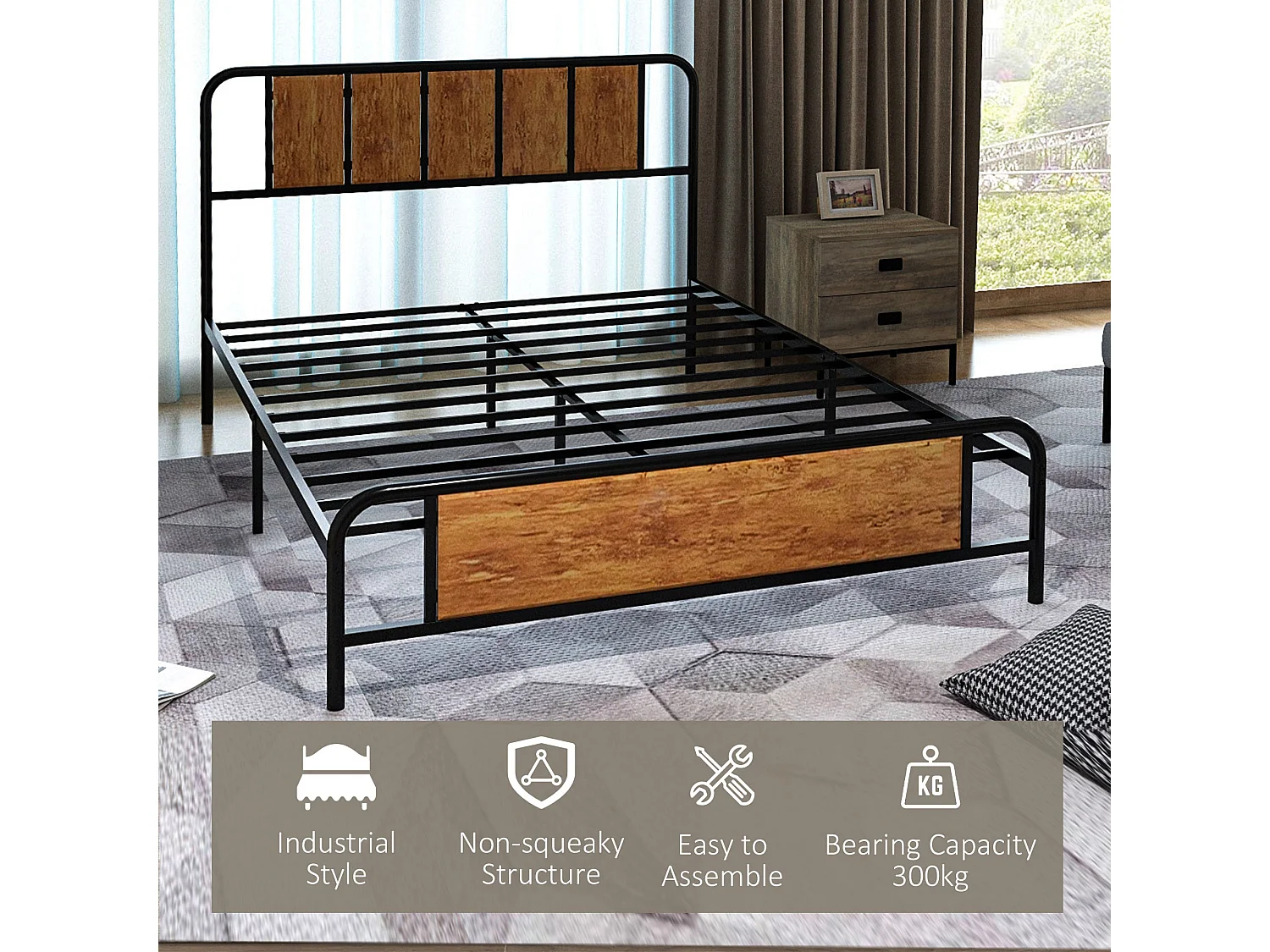 Hawatti 4FT6 Industrial Double Bed Frame Wood Effect Headboard and Footboard Steel Slatted Base