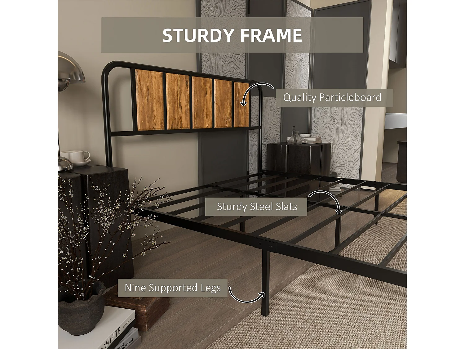 Hawatti 4FT6 Industrial Double Bed Frame Wood Effect Headboard and Footboard Steel Slatted Base