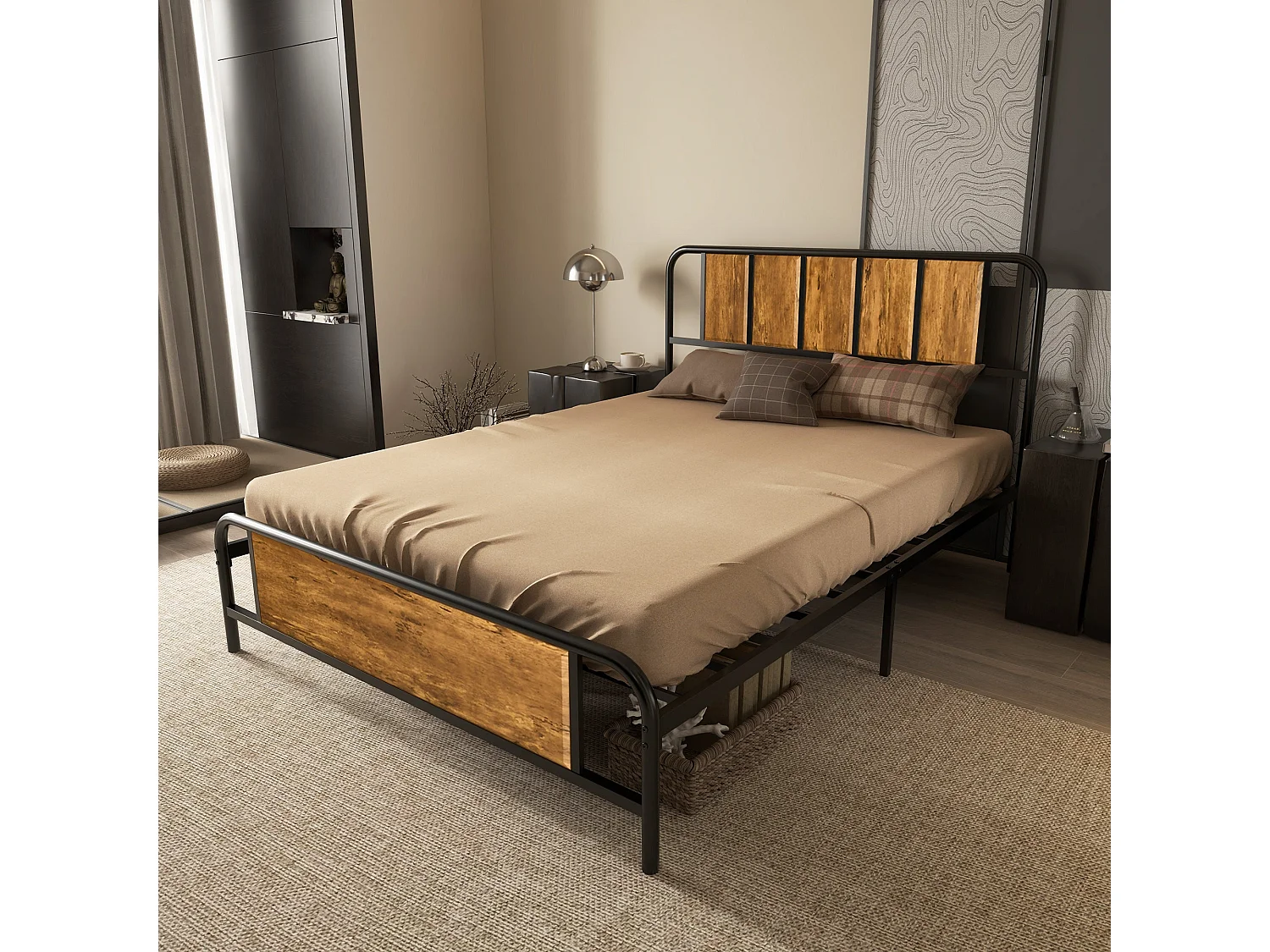 Hawatti 4FT6 Industrial Double Bed Frame Wood Effect Headboard and Footboard Steel Slatted Base