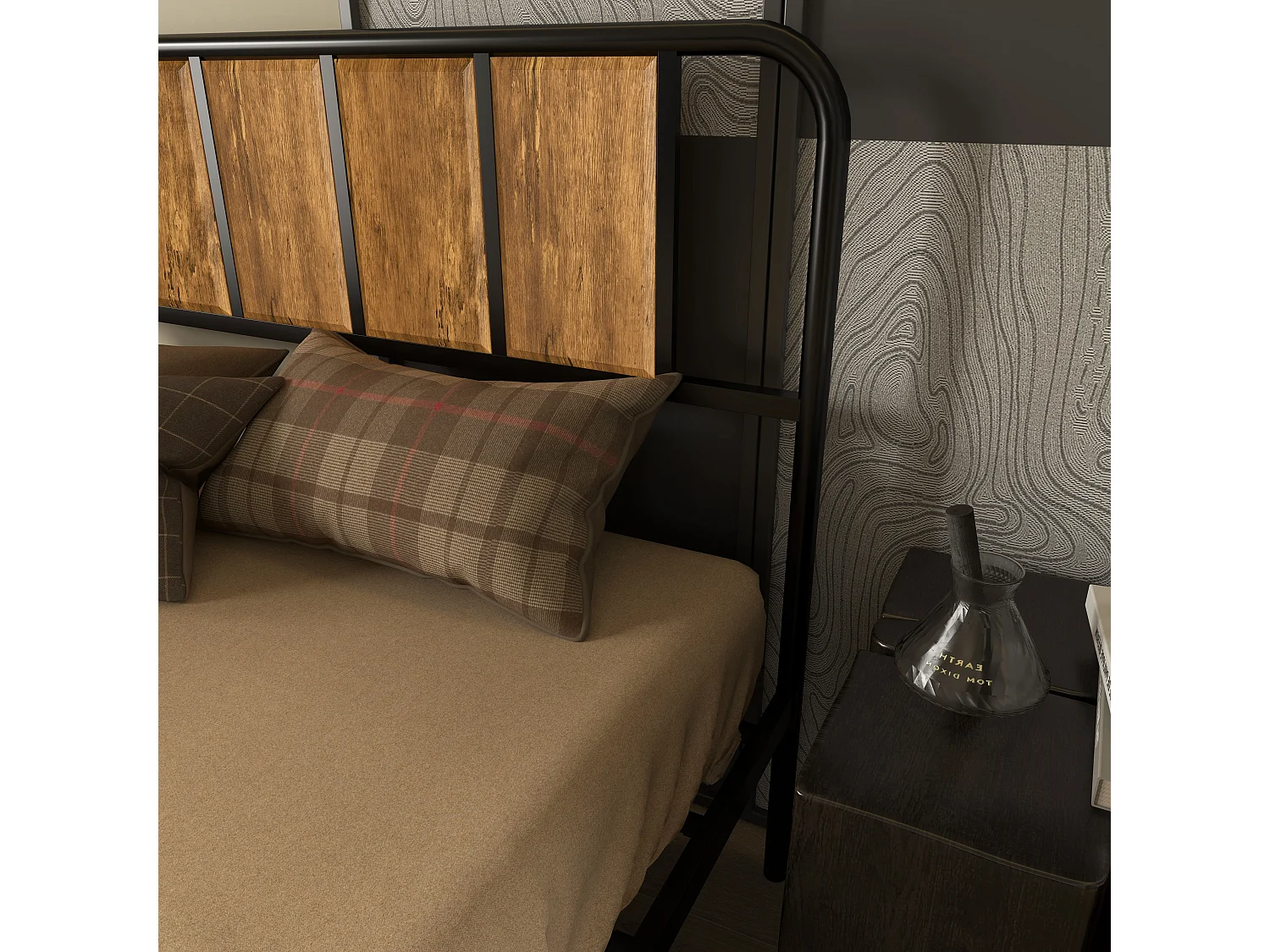 Hawatti 4FT6 Industrial Double Bed Frame Wood Effect Headboard and Footboard Steel Slatted Base