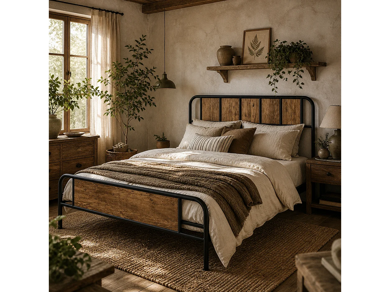 Hawatti 4FT6 Industrial Double Bed Frame Wood Effect Headboard and Footboard Steel Slatted Base