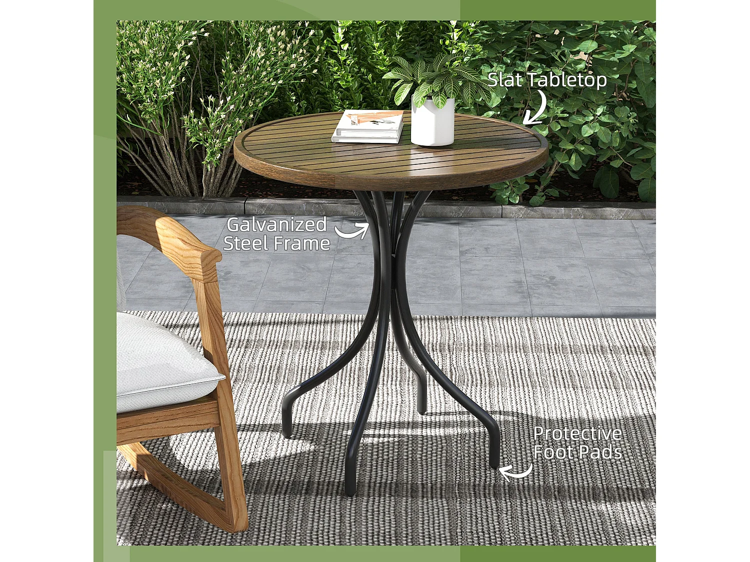 Rabasu 66cm Round Galvanised Steel Bistro Table Brown Wood Grain Top
