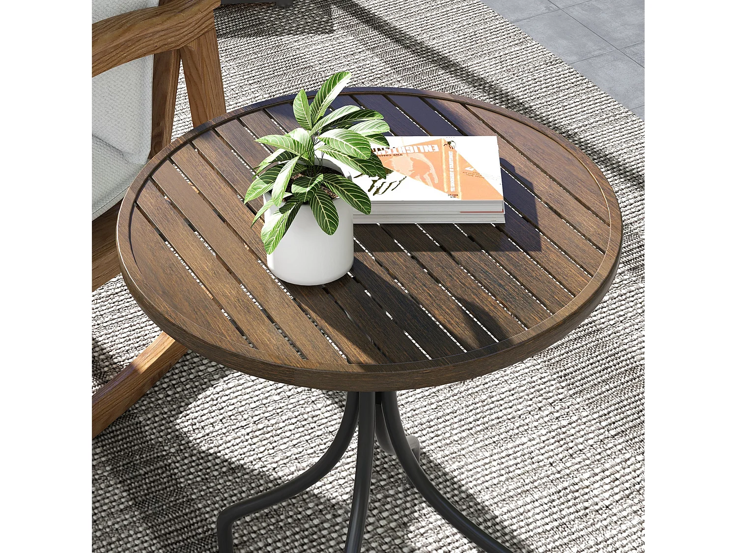 Rabasu 66cm Round Galvanised Steel Bistro Table Brown Wood Grain Top