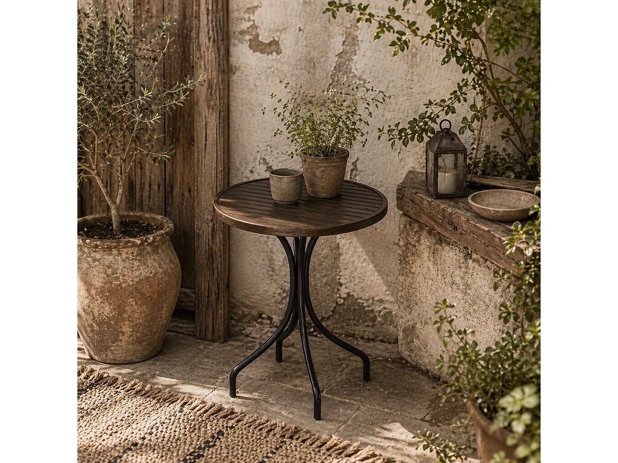 Rabasu 66cm Round Galvanised Steel Bistro Table Brown Wood Grain Top