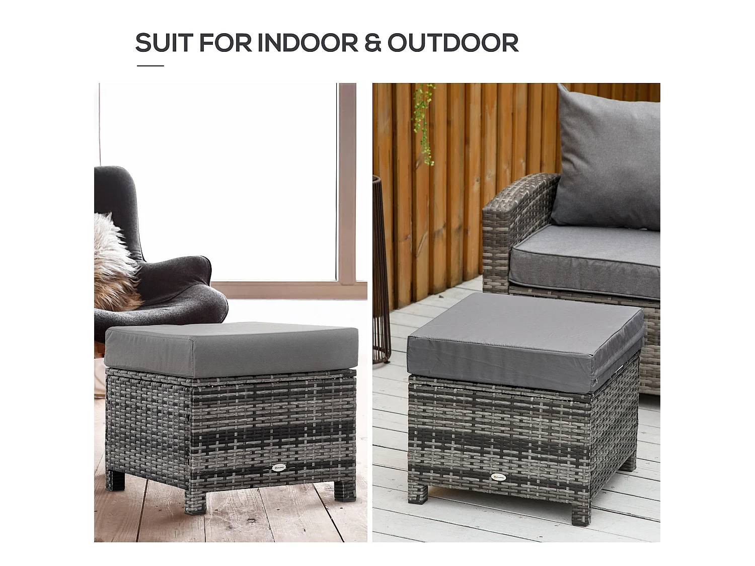 Kadone Halu Grey Rattan Style Square Outdoor Footstool with Cushioned Top