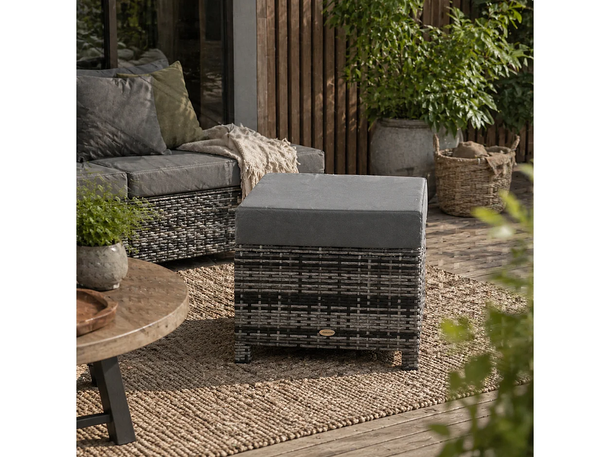 Kadone Halu Grey Rattan Style Square Outdoor Footstool with Cushioned Top