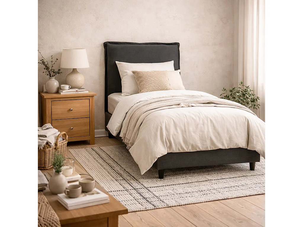 Wexford Deep Grey Linen Upholstered 3ft Single Bed with Padded Pillow Headboard