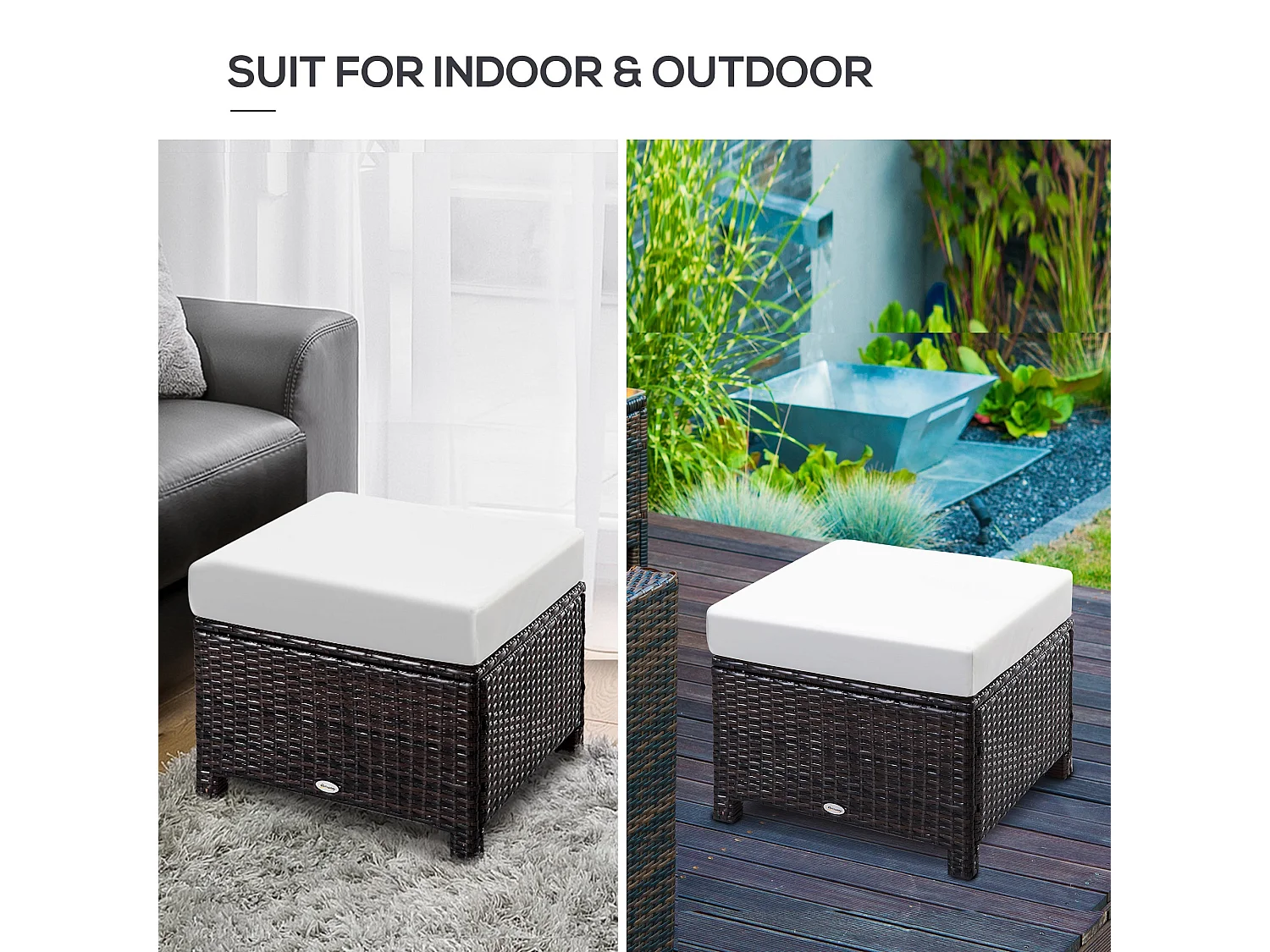 Molo Brown Rattan Square Outdoor Footstool with Padded Removable Cover Cushion