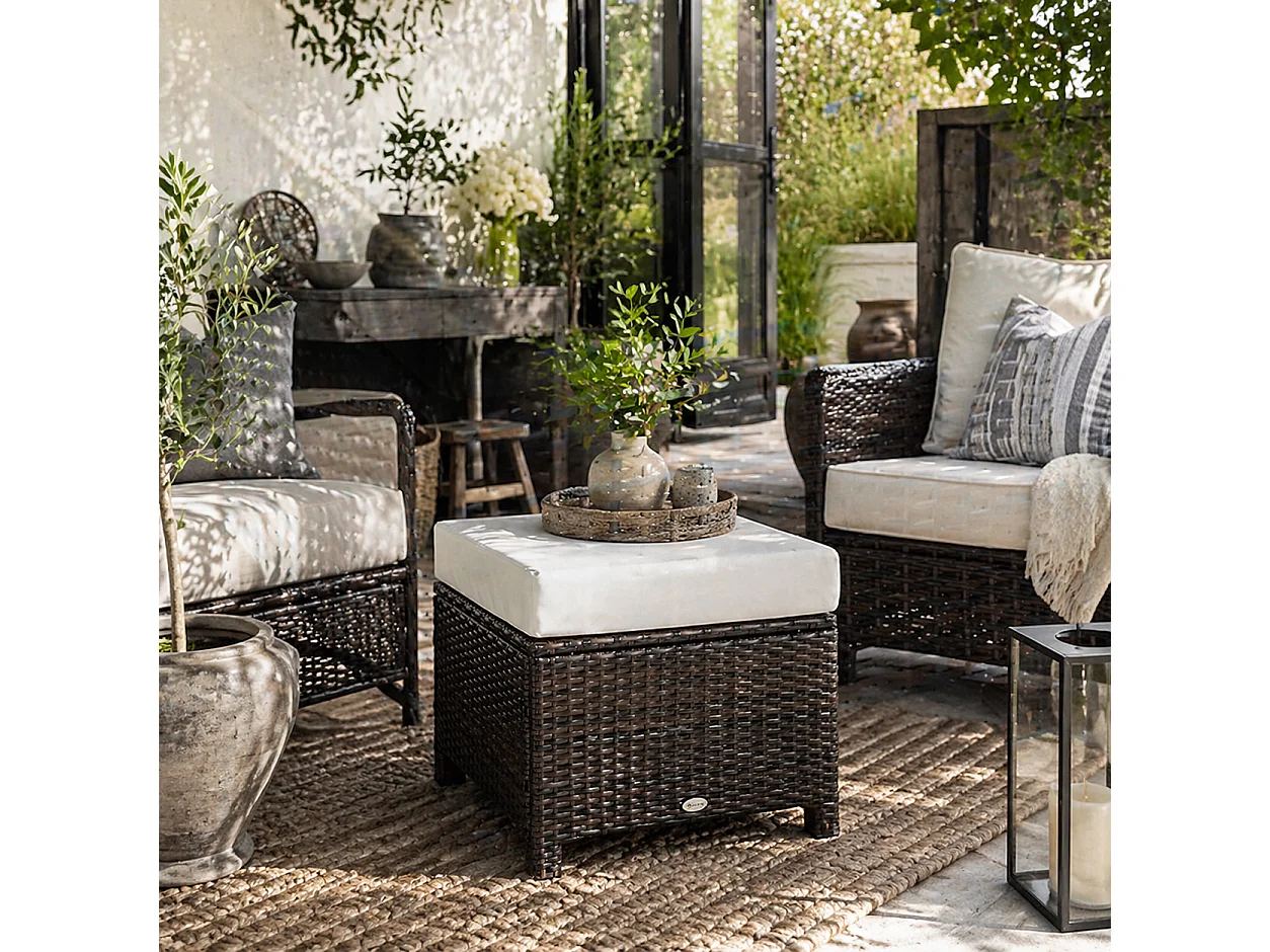 Molo Brown Rattan Square Outdoor Footstool with Padded Removable Cover Cushion