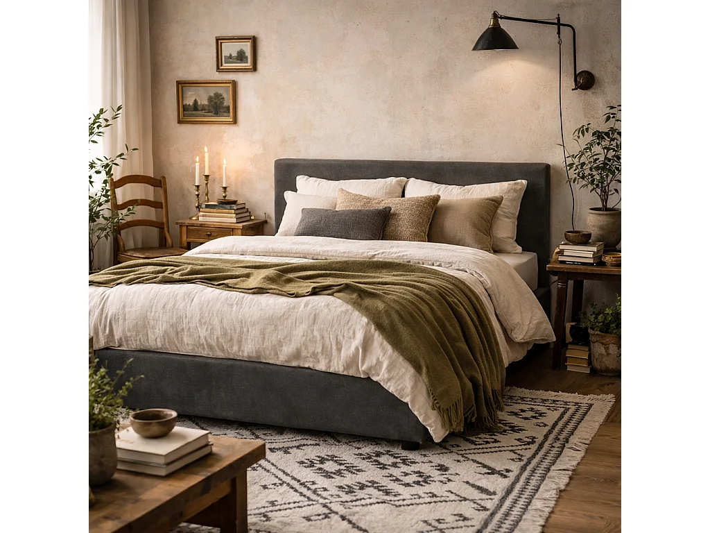 Portarlington Upholstered Dark Grey Twill King Size Bed 150 x 200cm with Headboard