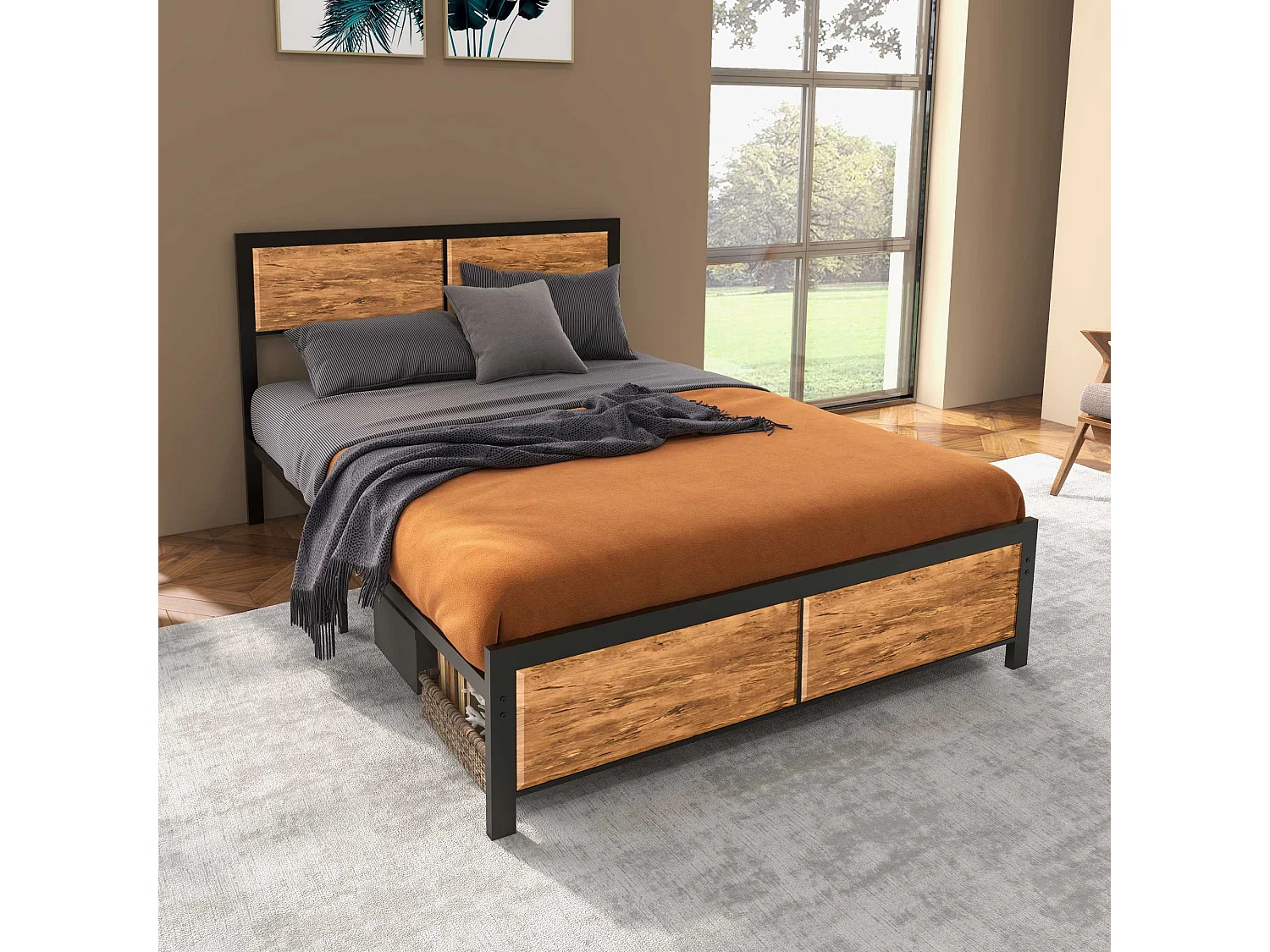 Sohala 4FT6 Industrial Metal Double Bed Frame with Headboard Footboard and Under Bed Storage