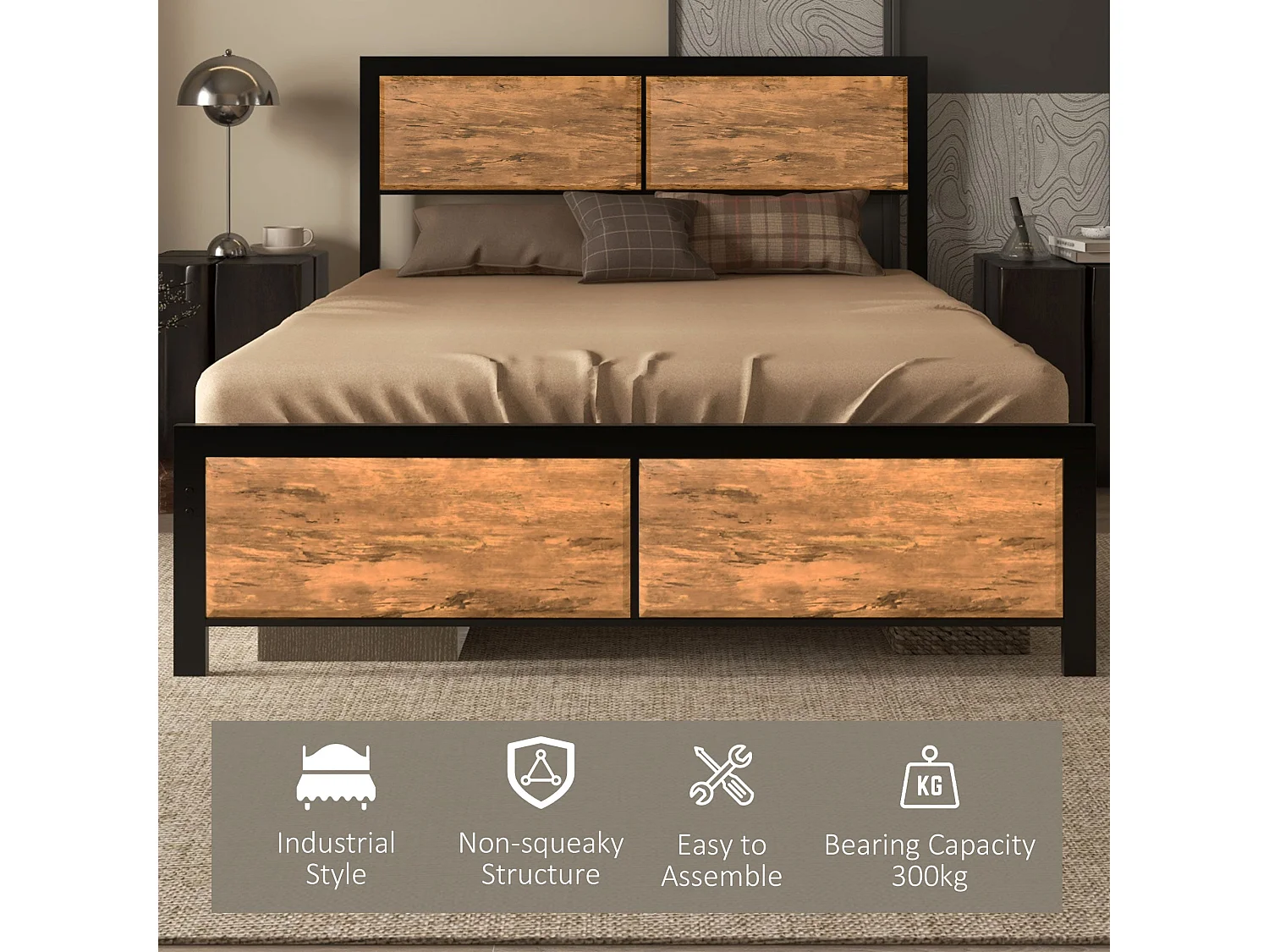Sohala 4FT6 Industrial Metal Double Bed Frame with Headboard Footboard and Under Bed Storage