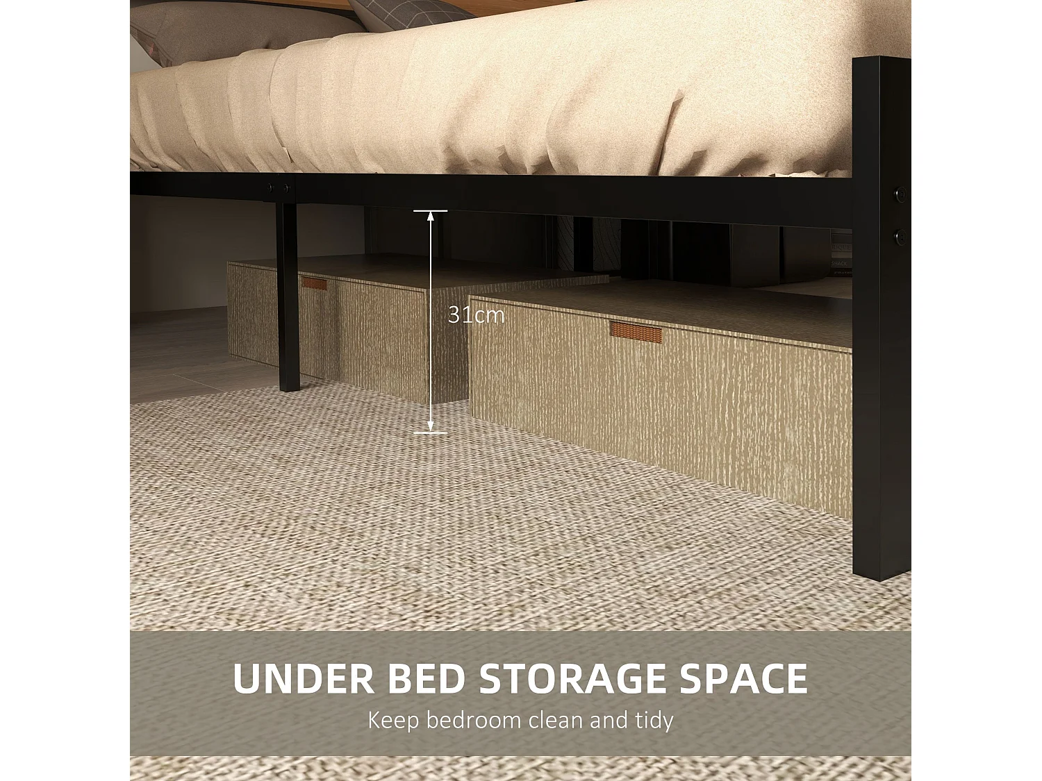 Sohala 4FT6 Industrial Metal Double Bed Frame with Headboard Footboard and Under Bed Storage