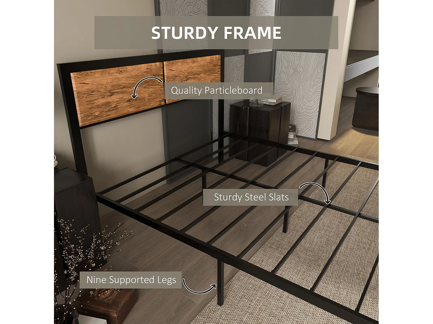 Sohala 4FT6 Industrial Metal Double Bed Frame with Headboard Footboard and Under Bed Storage