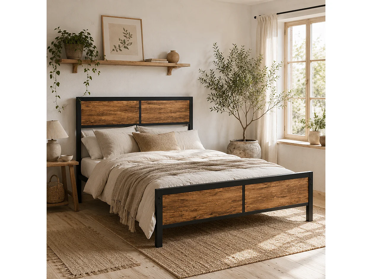Sohala 4FT6 Industrial Metal Double Bed Frame with Headboard Footboard and Under Bed Storage