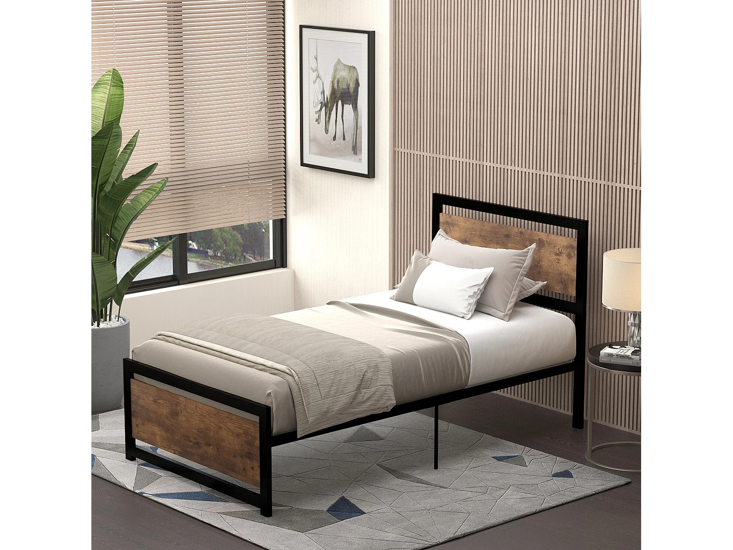 Lemisa 3FT Single Metal Bed Frame with Headboard and Footboard Black and Rustic Brown
