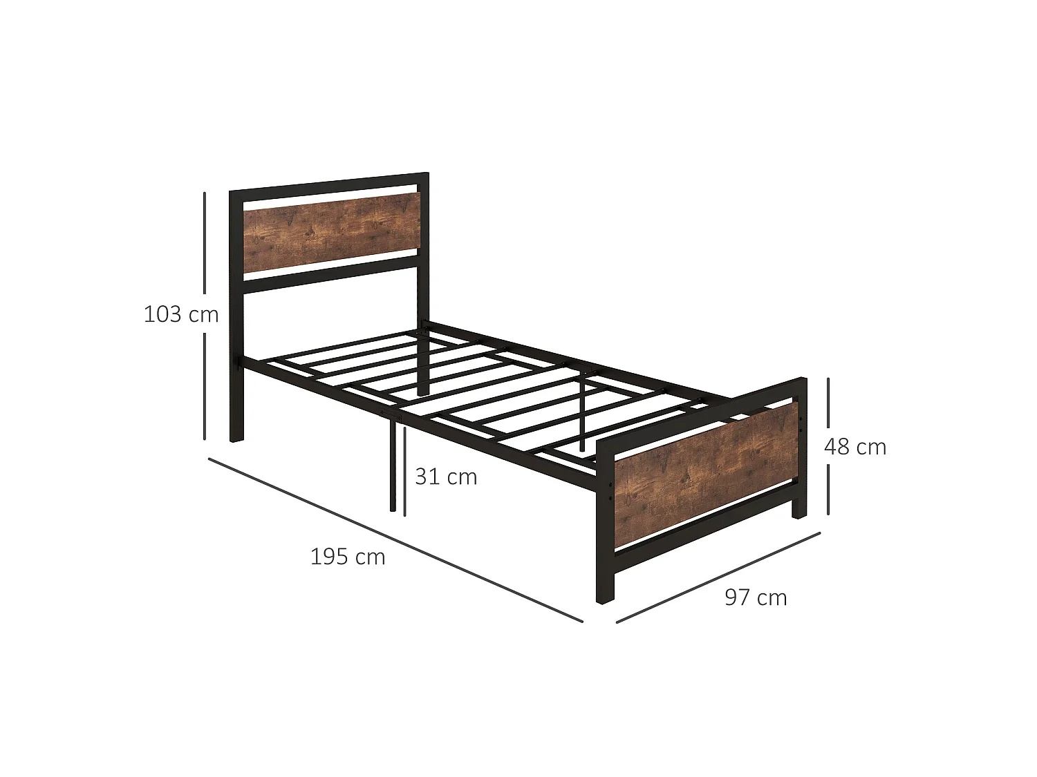Lemisa 3FT Single Metal Bed Frame with Headboard and Footboard Black and Rustic Brown
