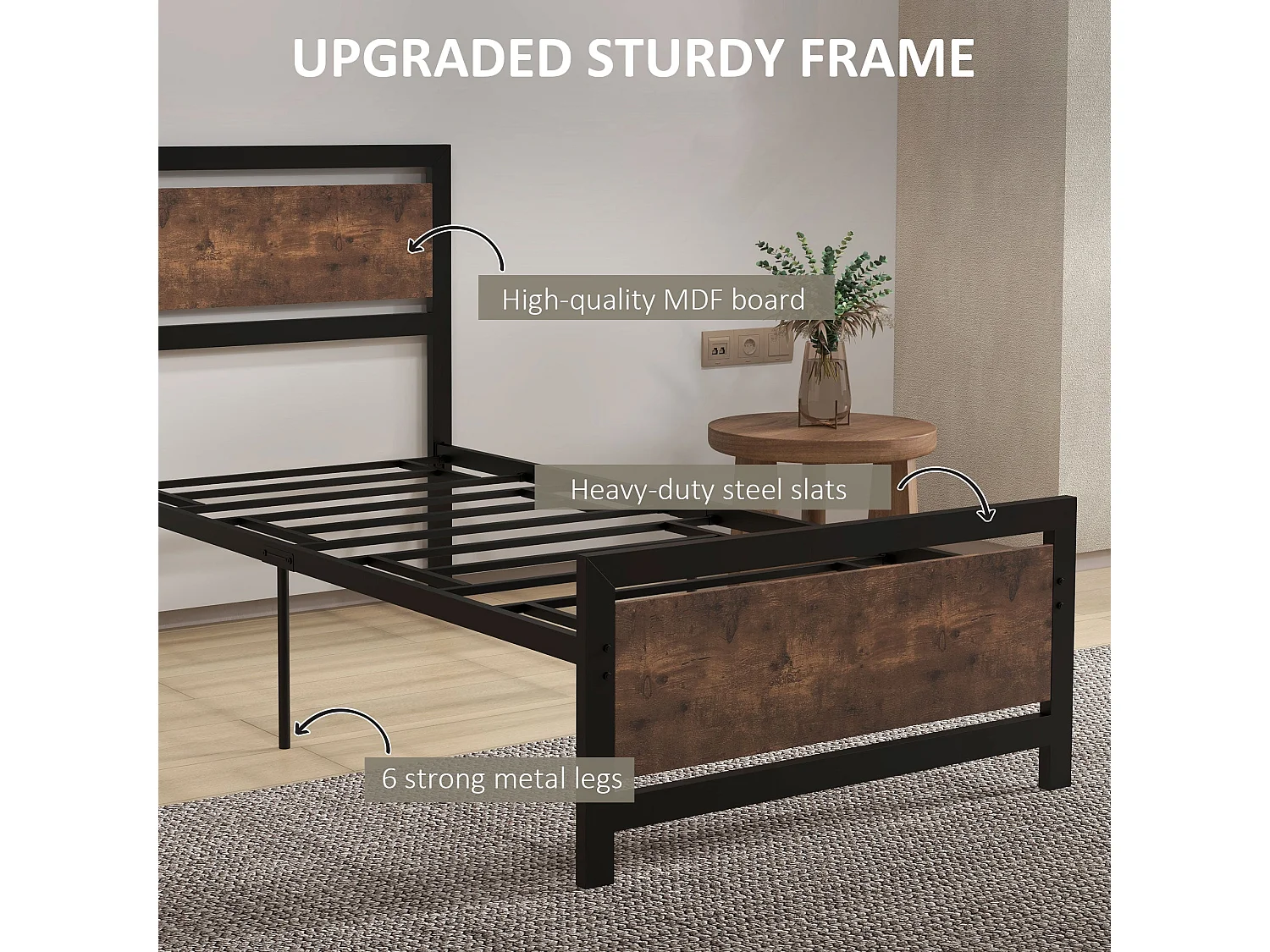 Lemisa 3FT Single Metal Bed Frame with Headboard and Footboard Black and Rustic Brown