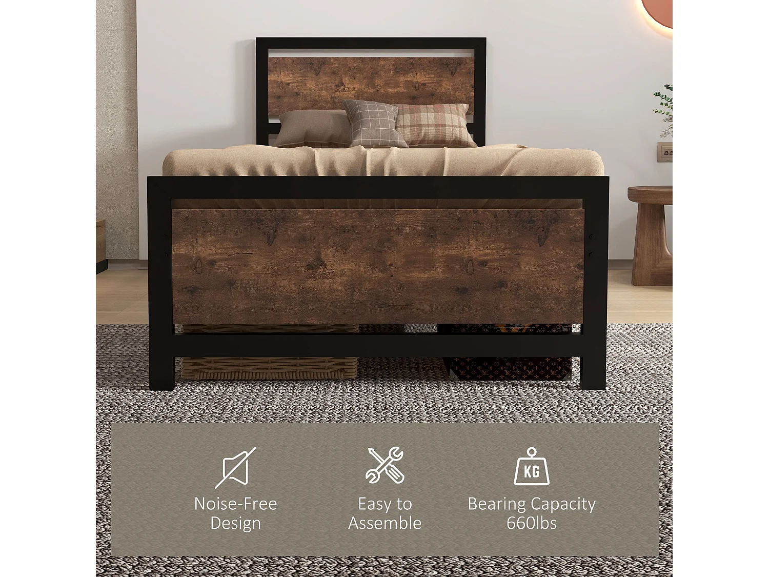 Lemisa 3FT Single Metal Bed Frame with Headboard and Footboard Black and Rustic Brown