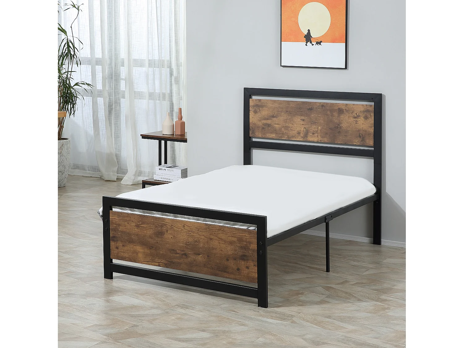 Lemisa 3FT Single Metal Bed Frame with Headboard and Footboard Black and Rustic Brown