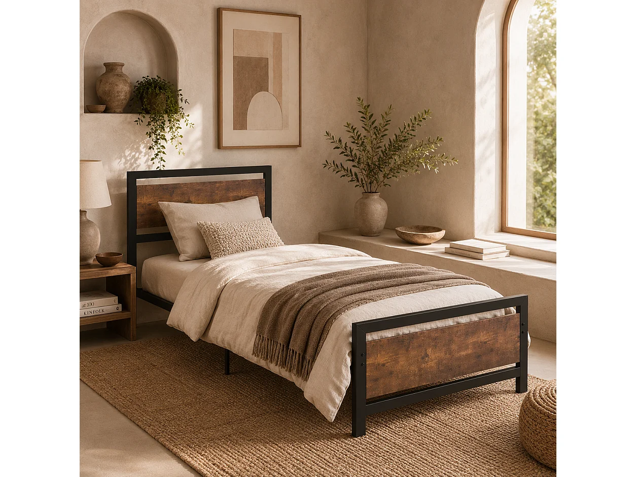 Lemisa 3FT Single Metal Bed Frame with Headboard and Footboard Black and Rustic Brown