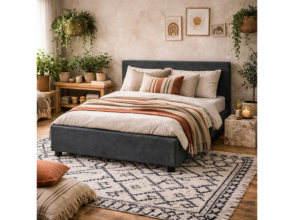Portarlington Upholstered Dark Grey Twill 4ft6 Double Bed with Headboard