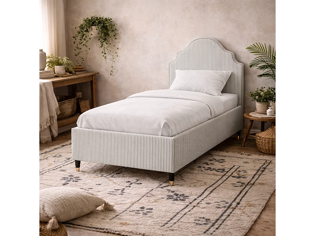 Monterey 3FT Single Bed Grey Thin Stripe Linen Blend Ornate Headboard