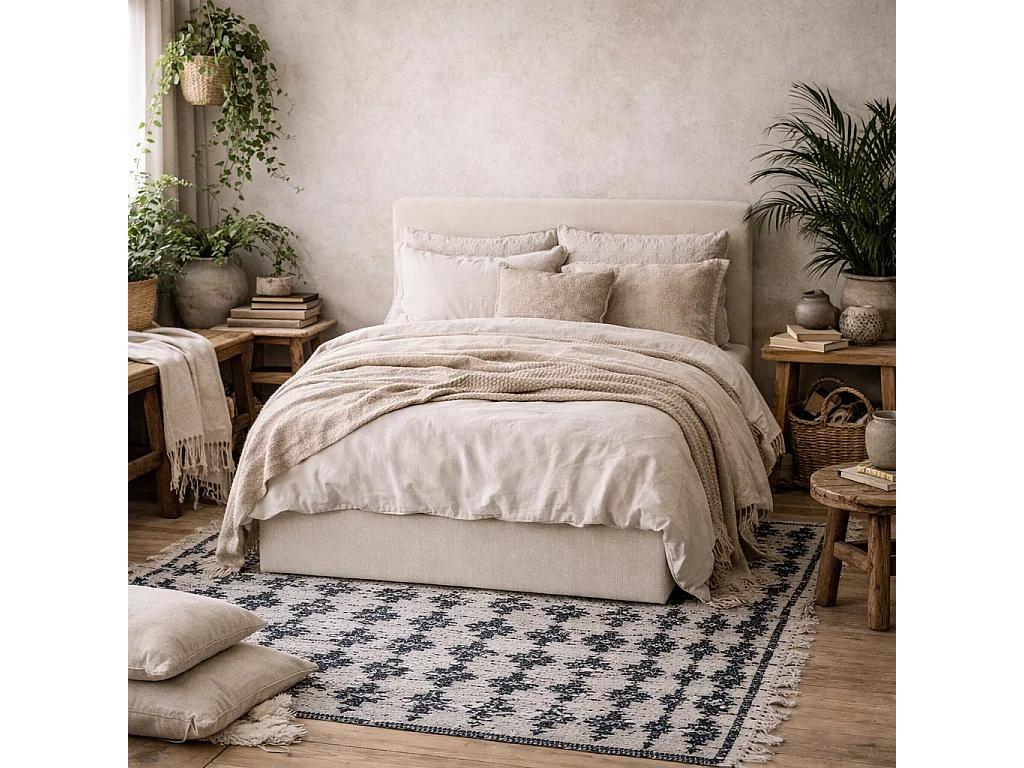 Portarlington Upholstered Ivory Twill Double Bed 4ft6 with Headboard
