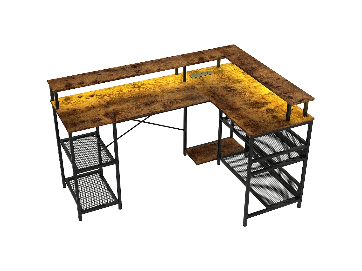 Mosovi Rustic Brown L Shaped Desk with RGB LED Lighting Shelves and Built In Power