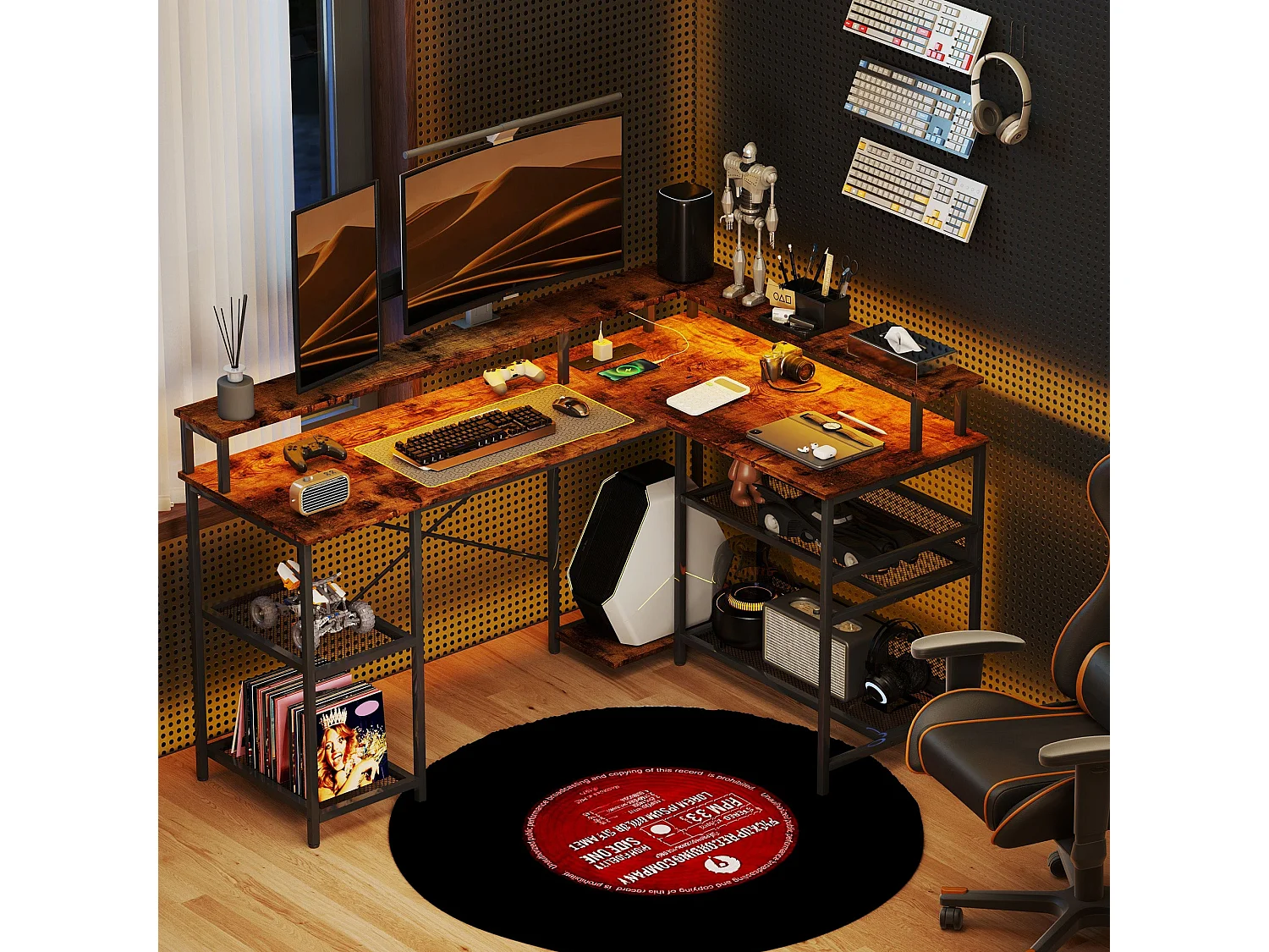 Mosovi Rustic Brown L Shaped Desk with RGB LED Lighting Shelves and Built In Power