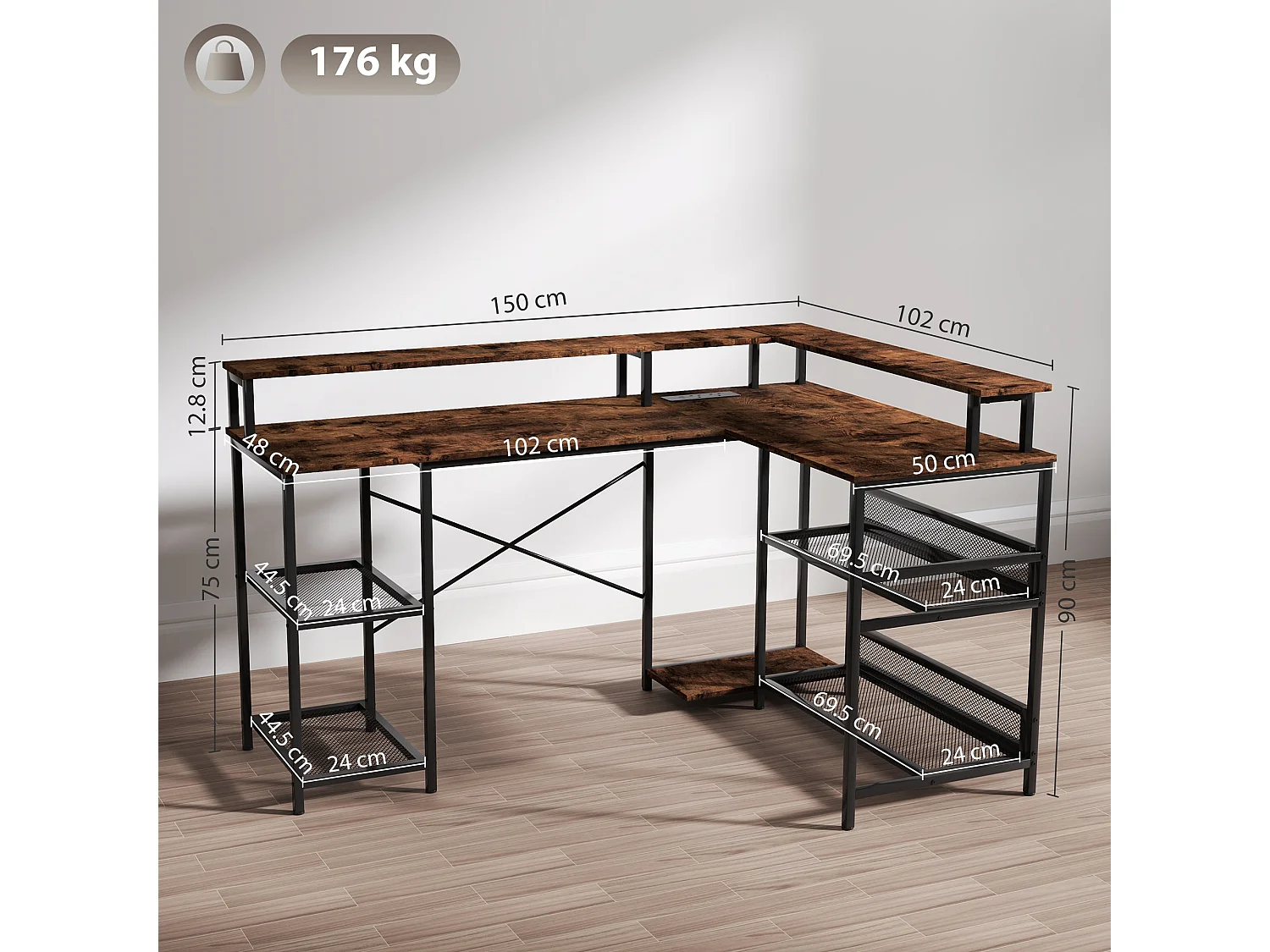 Mosovi Rustic Brown L Shaped Desk with RGB LED Lighting Shelves and Built In Power