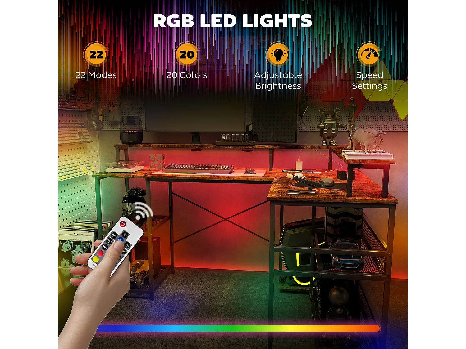 Mosovi Rustic Brown L Shaped Desk with RGB LED Lighting Shelves and Built In Power