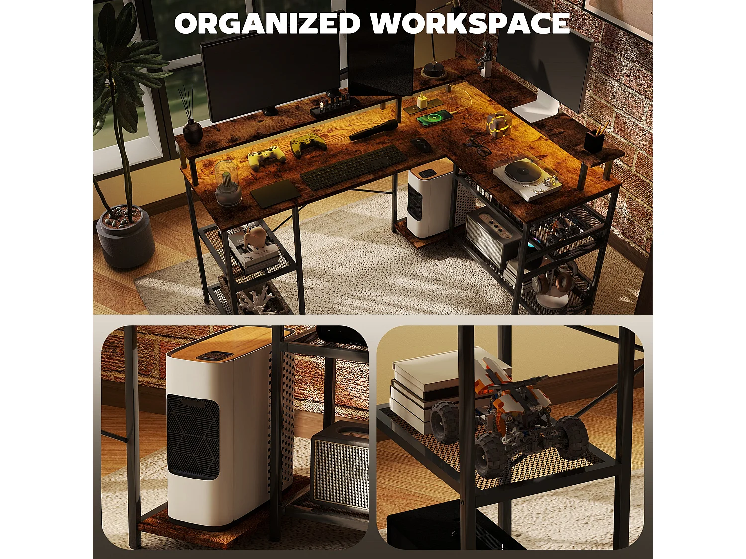 Mosovi Rustic Brown L Shaped Desk with RGB LED Lighting Shelves and Built In Power