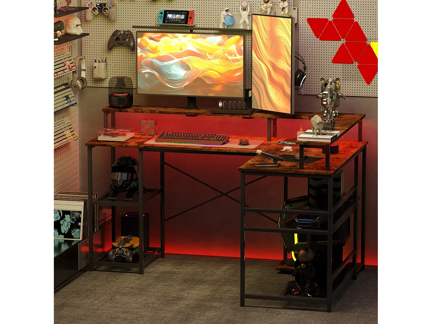 Mosovi Rustic Brown L Shaped Desk with RGB LED Lighting Shelves and Built In Power