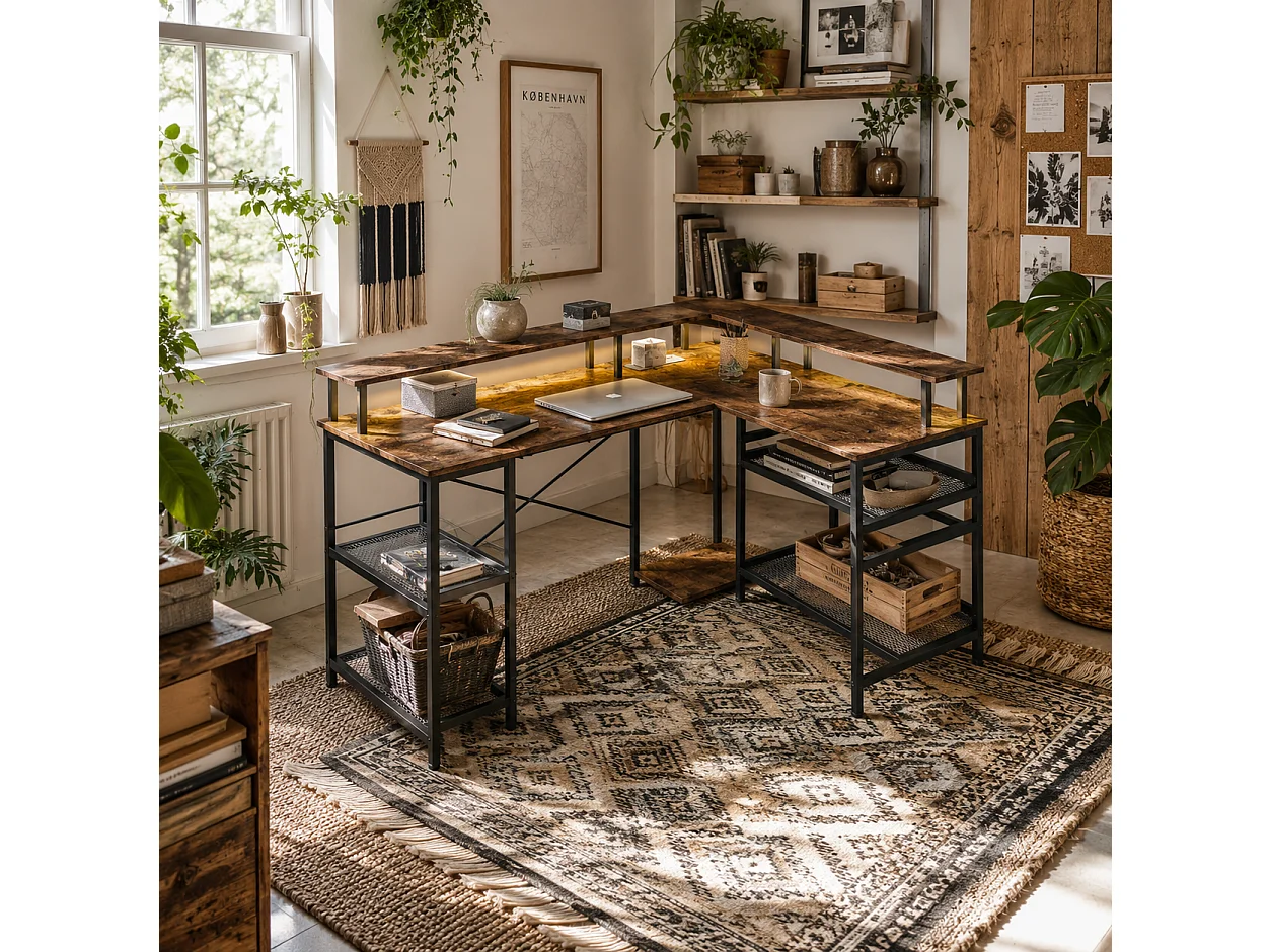 Mosovi Rustic Brown L Shaped Desk with RGB LED Lighting Shelves and Built In Power